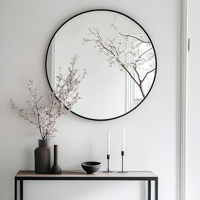 Oruii Round Mirror, Black Round Mirror 24 inch, Circle Wall Mirrors Metal Frame, Black Circular Mirrors for Bathroom, Wall, Living Room, Entryway, Hallway, Vanity, Rustic