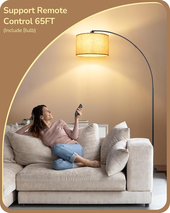 EDISHINE 78.3″ Modern Arc Floor Lamp with Remote, Tall Black Standing Lamp with Stepless Dimmable Bulb & 5 Color Temperature, Curved Mid Century Floor Lamps for Living Room, Bedroom, Nursey