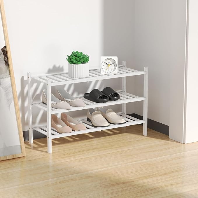 RONGJlA 2 Tier Bamboo Shoe Rack for Closet Free Standing Wood Shoe Shelf Storage Organizer for Entryway Small Space Stackable,White