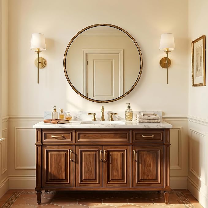 ANDY STAR Hand-Forged Round Gold Mirrors, 32 Inch Antique Brass Hammered Round Bathroom Mirror for Over Sink, for Vanity, Living Room, Vintage, Farmhouse, Rustic, Solid Steel Metal Frame