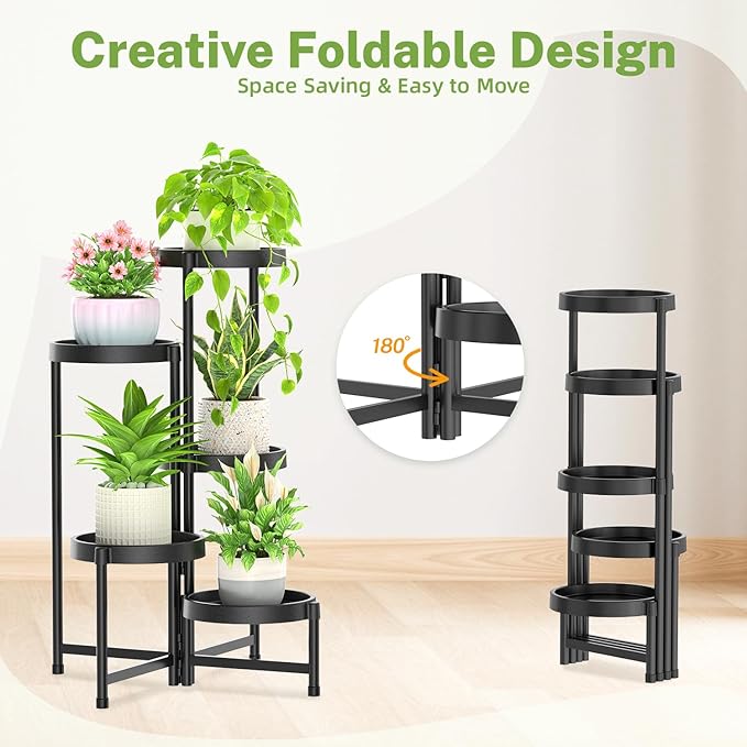 iDavosic.ly 5 Tier Folding Plant Stand Indoor Outdoor with Grow Light, Tiered Corner Flower Holder Shelf with Plastic Tray, Metal Orchid Display Rack for Patio Porch Living Room Garden Balcony, Black