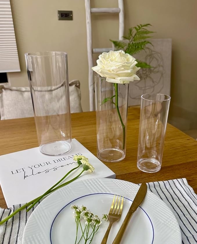 KLIFA- Carlsbad- Set of 3 pcs, 7, 9 & 10 Inch Tall, Plastic Cylinder Vases for Centerpieces, Acrylic Flower Vase for Wedding Centerpieces, Home Decorations, Clear