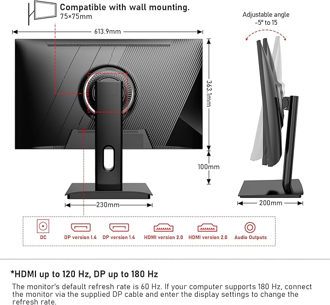 Gawfolk 27 inch 2K QHD(2560×1440) PC Screen, 180Hz Gaming Monitor, 1ms Without Bezel, FreeSync,100% sRGB, 178° Wide Viewing Angle, HDMI2.0 & DisplayPort 1.4, 75 * 75MM Wall Mount Compatible- Black