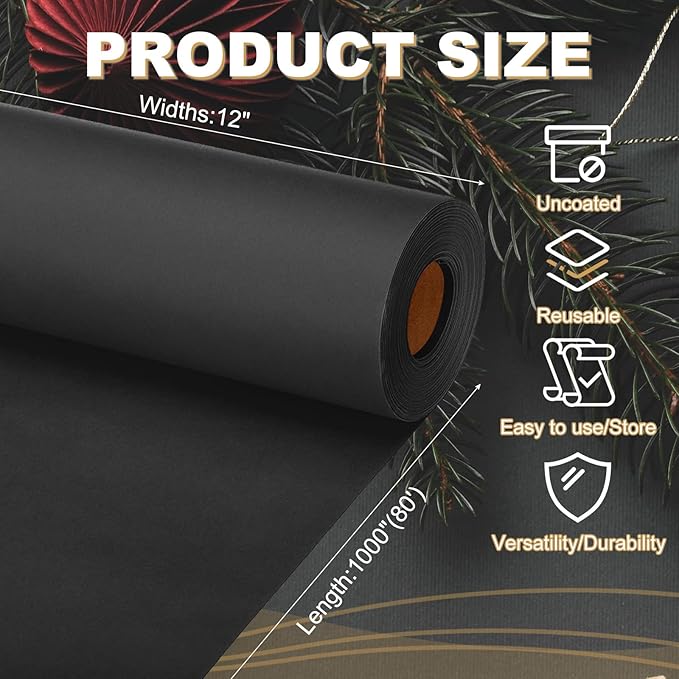 PATIKIL Wrapping Paper, 12"x1000"(80') Bulletin Board Paper Roll Kraft Paper Roll Construction 80GSM for Shipping Packing Gift Wrapping Craft Flower Bouquet Christmas, Black