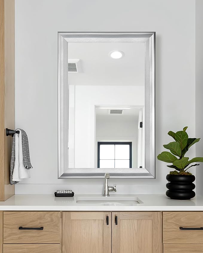 CULER Silver Wall Mirror for Bathroom,Rectangle Rustic 24 x 36 inch Hanging Vanity Mirrors with Wood Grain Pattern for Living Room,Bedroom,Entryway