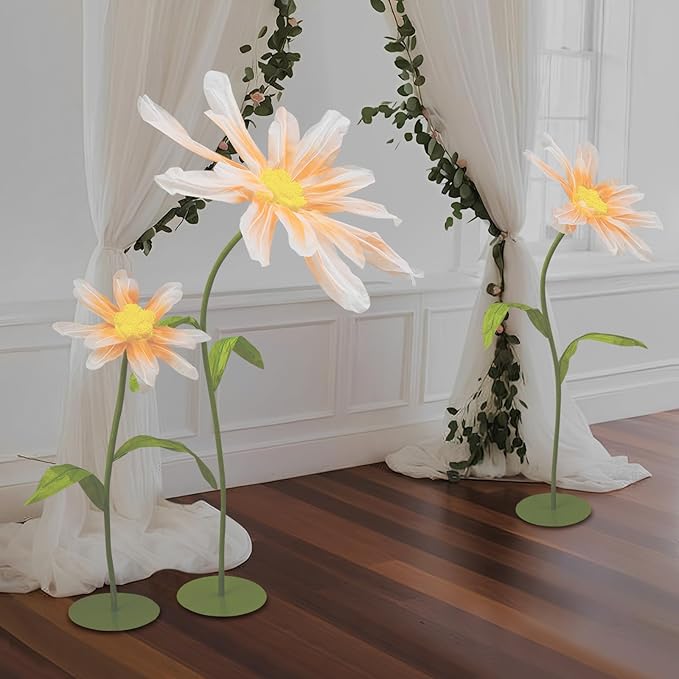 3Pcs Wedding Artificial Daisy Flowers Giant Artificial Paper Flowers Artificial Daisy Flower 3-Head Giant Fake Flowers with Standing Stems and Base for Wedding Wall Party Decor