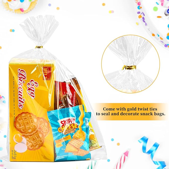 Ohuimrt 100 PCS Cellophane Treat Bags, 10 x 14 Inches Clear Plastic Goodie Gift Bags with Ties for Party Favors, Candies, Cookies, Snacks