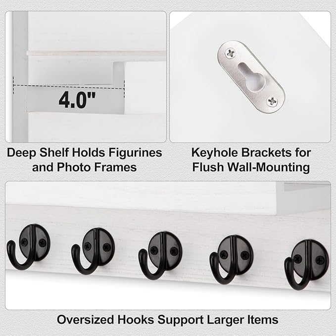 Lwenki Key Holder Wall Mount, Entryway Key and Mail Holder with 7 Sturdy Hooks for Sunglasses, Dog Leash, Decorative Wall Shelf with Mounting Hardware, 15”W x 6.7”H x 4.2”D (White)