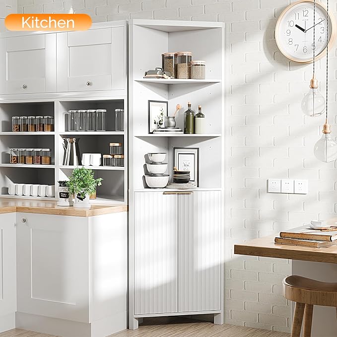 VINGLI Tall Corner Cabinet with Fluted Doors, 68" White Corner Storage Cabinet with Adjustable Shelves, Freestanding Wood Corner Bookshelf for Bathroom, Living Room & Kitchen, Space-Saving