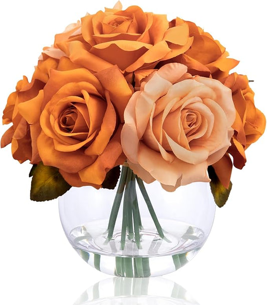 Artificial Flowers Arrangements in Vase with Faux Water, Artificial Orange Silk Rose Bouquet with Vase for Winter Seasonal Home Christmas Wedding Party Centerpieces Decor & Gift (Orange Champagne)