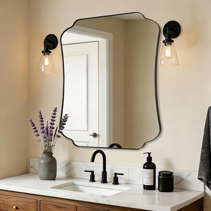ANDY STAR Matte Black Mirror 30x36 Inch, Scalloped Wall Mirror, Unique Rectangular Bathroom Mirror in Premium Stainless Steel Metal Frame 1’’ Deep, Hangs Vertically/Horizontally