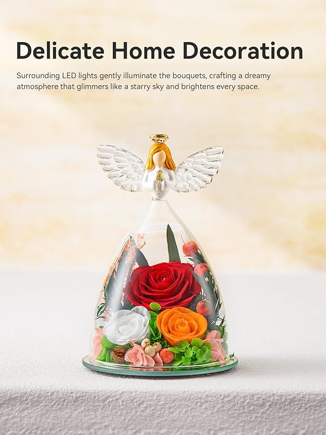 Gifts for Women Forever Flowers Preserved Rose in Glass Angel Figurine Real Colorful Roses Birthday Gifts for Her Grandma Sister Daughter Wife, Red