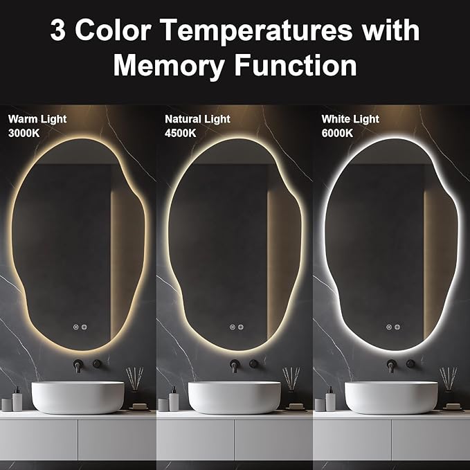 Asymmetrical LED Bathroom Mirror with Lights,Irregular Led Bathroom Vanity Mirror for Wall with Backlit, Anti Fog, 3 Colors and Dimmable Light,[Horizontal/Vertical] 48" H x 30" W