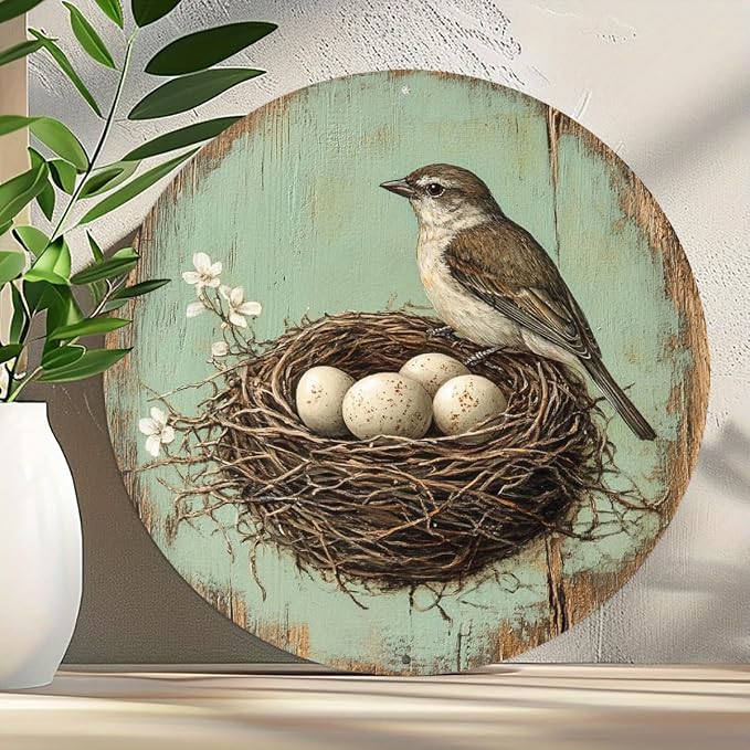 Vintage Bird and Egg in Nest Round Aluminum Sign, 7.98x7.98 Inch Farmhouse Wall Decor with Pre-Drilled Holes, Durable Garden Yard Art for Home,Halloween & Christmas Gifts, Outside Decor