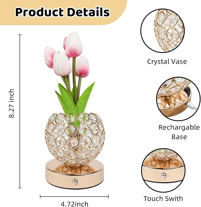 Tulip Flower Lamp,4000mAh Rechargeable Cordless Lamp with 3-Colour Stepless Dimming,Touch Control Cordless Table Lamp Night-Light for Home Decor,Unique Birthday Gifts for Women