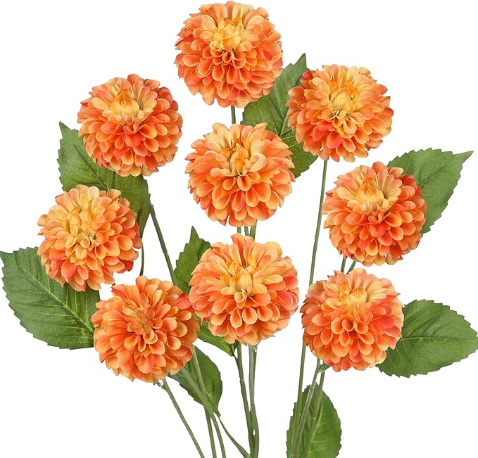 Hollyone 27.6" Orange Artificial Dahlia Flowers 3Pcs Fake Roses Bouquet Ball Dahlia Flower Arrangement Faux Pincushion Flower with 3 Heads Long Stem for Centerpiece Home Decor