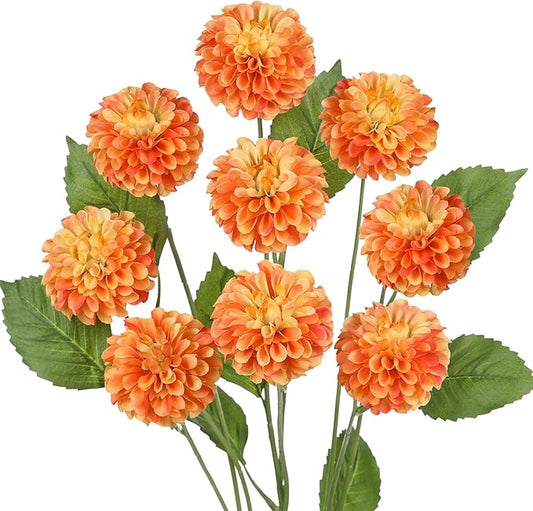 Hollyone 27.6" Orange Artificial Dahlia Flowers 3Pcs Fake Roses Bouquet Ball Dahlia Flower Arrangement Faux Pincushion Flower with 3 Heads Long Stem for Centerpiece Home Decor