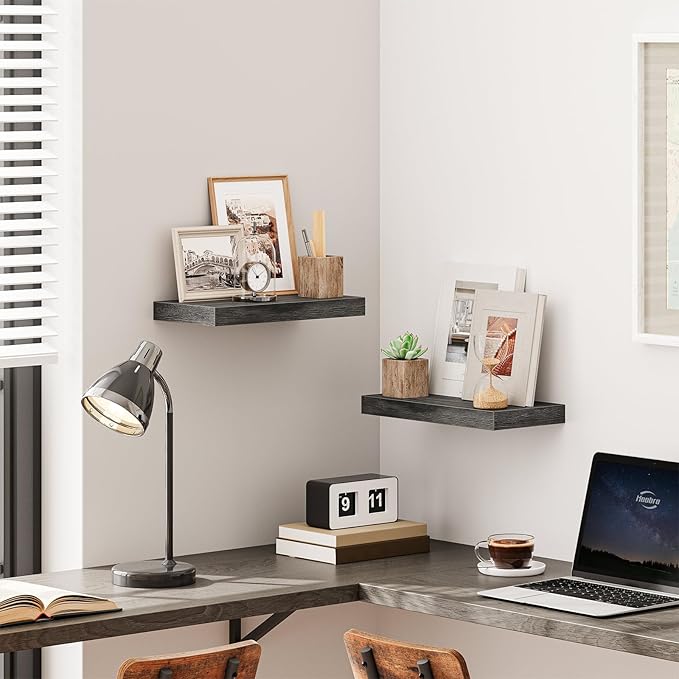 HOOBRO Floating Shelves for Wall, Wall Mounted Shelf Set of 2, 15.7" Hanging Shelf with Invisible Brackets, for Wall Decor Storage in Bathroom Bedroom Kitchen Livingroom Office, Charcoal Gray BC40BJ01