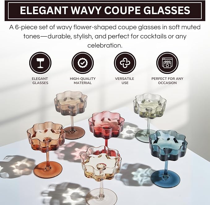 Flower Scalloped Vintage Wavy Petals Wave Glass Coupes 7oz Colorful Martini, Champagne & Cocktails, 6 Set Muted Pastel Shades Rippled Champagne Glasses, Elegant Bar Glassware, Aesthetic Cute Coupe