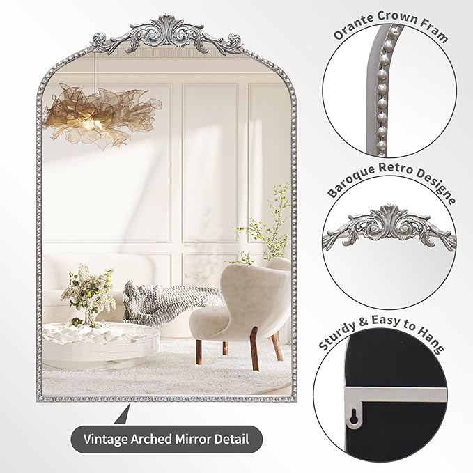 Antique Silver Arch Wall Mirror, 24"x36" Traditional Vintage Mantel Mirror with Ornate Metal Frame, Baroque Home Decor for Fireplace/Entryway/Bathroom/Living Room/Hallway