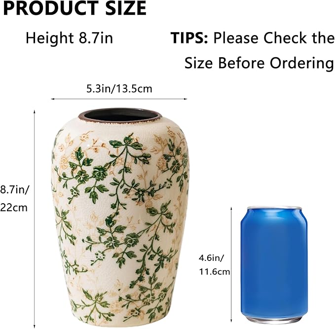 Vintage Green and Beige Flower Vase,Retro Chinoiserie Vase,Farmhouse Antique Decorative Ceramic Vases for Home Decor,Bookshelf, Dining Table, Coffee Table,Mantel,Grand Millennial Decor (H8.7 Inch)