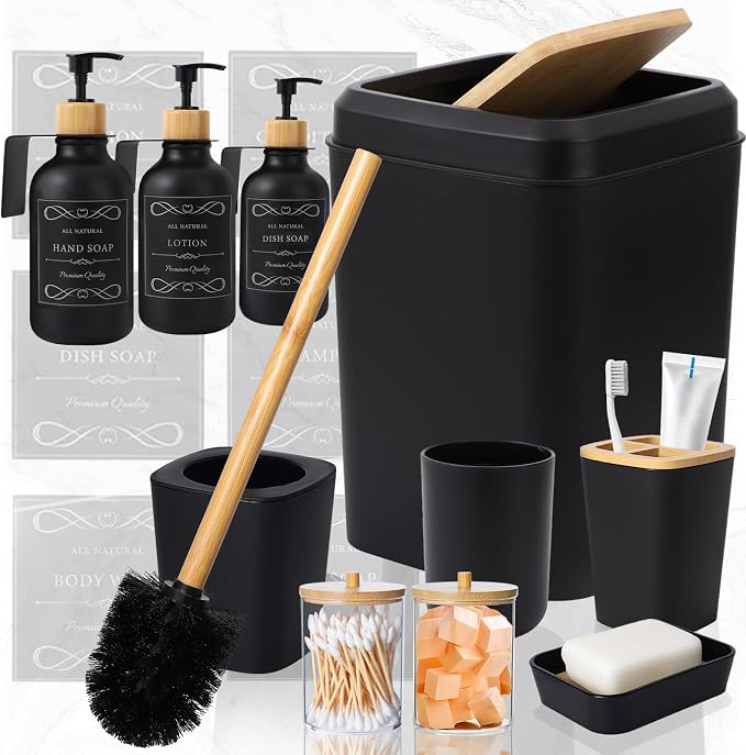 XLHOMO Black and Wood Bathroom Accessories Set 19Pcs, Bathroom Set with Trash Can and Toilet Brush, 3PCS Drill Free 17oz Soap Dispenser Wall Mounted, Toothbrush Holder and Cup, Soap Dish, Qtip Holder