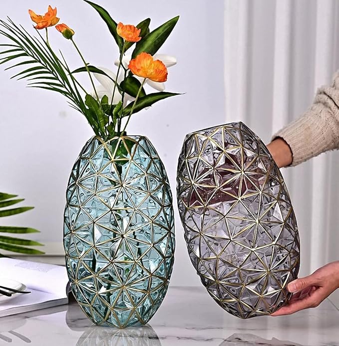 Hand Painted Gold and Grey Diamond Shaped Glass Crystal Vase 13.6 inch Tall,Modern Large Glass Home Office Decor for Living Room Dining Table Centerpieces, Birthday and Wedding