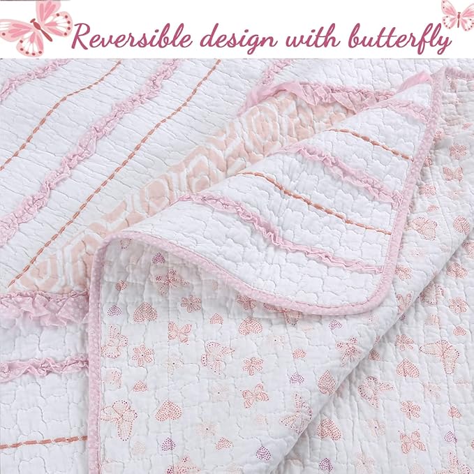 Cozy Line Home Fashions Pretty in Pink Girly Ruffle Stripped 100% Cotton Reversible Quilt Bedding Set, Coverlet, Bedspread (Pink Princess, Queen - 3 Piece: 1 Quilt + 2 Shams)