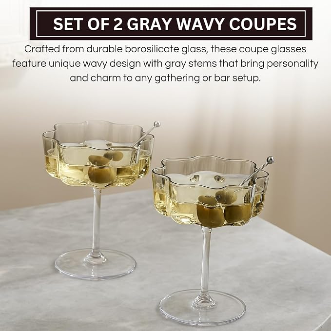 Khen Flower Vintage Wavy Glass Coupes Martini, Champagne & Cocktail Coupes - Set of 2-7oz Colorful Cocktail Glasses & Champagne, Prosecco, Mimosa Glassware Copyright Design - Gray