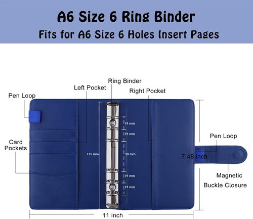 Antner A6 PU Leather Budget Binder - Refillable 6-Ring Notebook with Magnetic Closure | Navy Blue