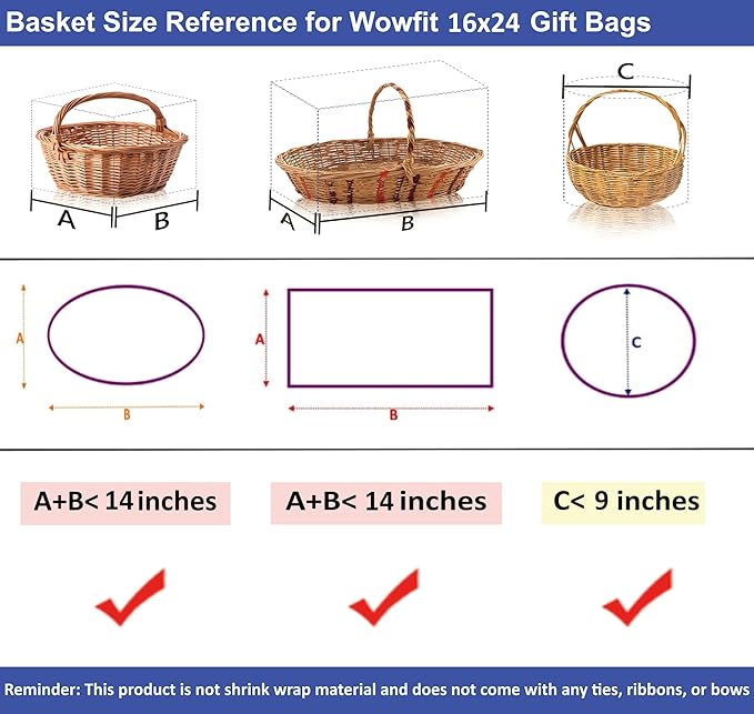 Wowfit 10 CT 16x24 Inch Clear Cellophane Gift Bags – Food-Safe Cello Bags for Small Gift Baskets, Wine Raffles, Bridal or Baby Showers, and More (No Gusset, Ribbon Not Included)