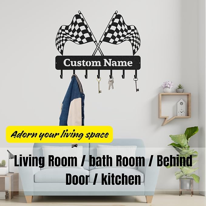 Personalized Racing Flags Key Holder, Custom Metal Checkered Flag Key Hooks with Name, Large Black Metal Wall Hooks Rack, Custom Jacket Organizer for Garage, Hallway, Entryway, Gifts for Men(8in)