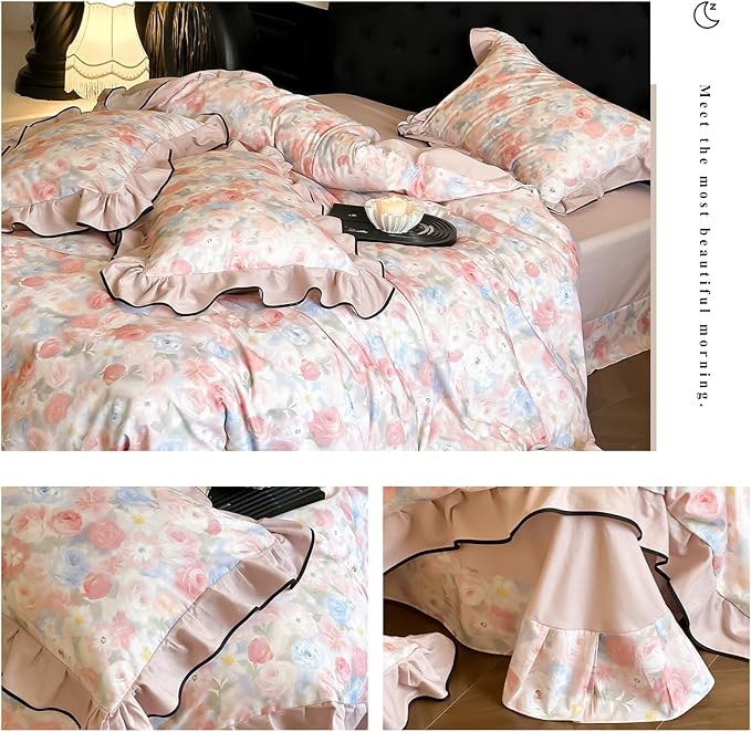 HighBuy Girl French Ruffle Duvet Cover Full Size,Coquette Ruffle Bedding Brushed Cotton Pink Rose Floral Comforter Cover Set for College,Farmhouse Chic Bedding Set Breathable
