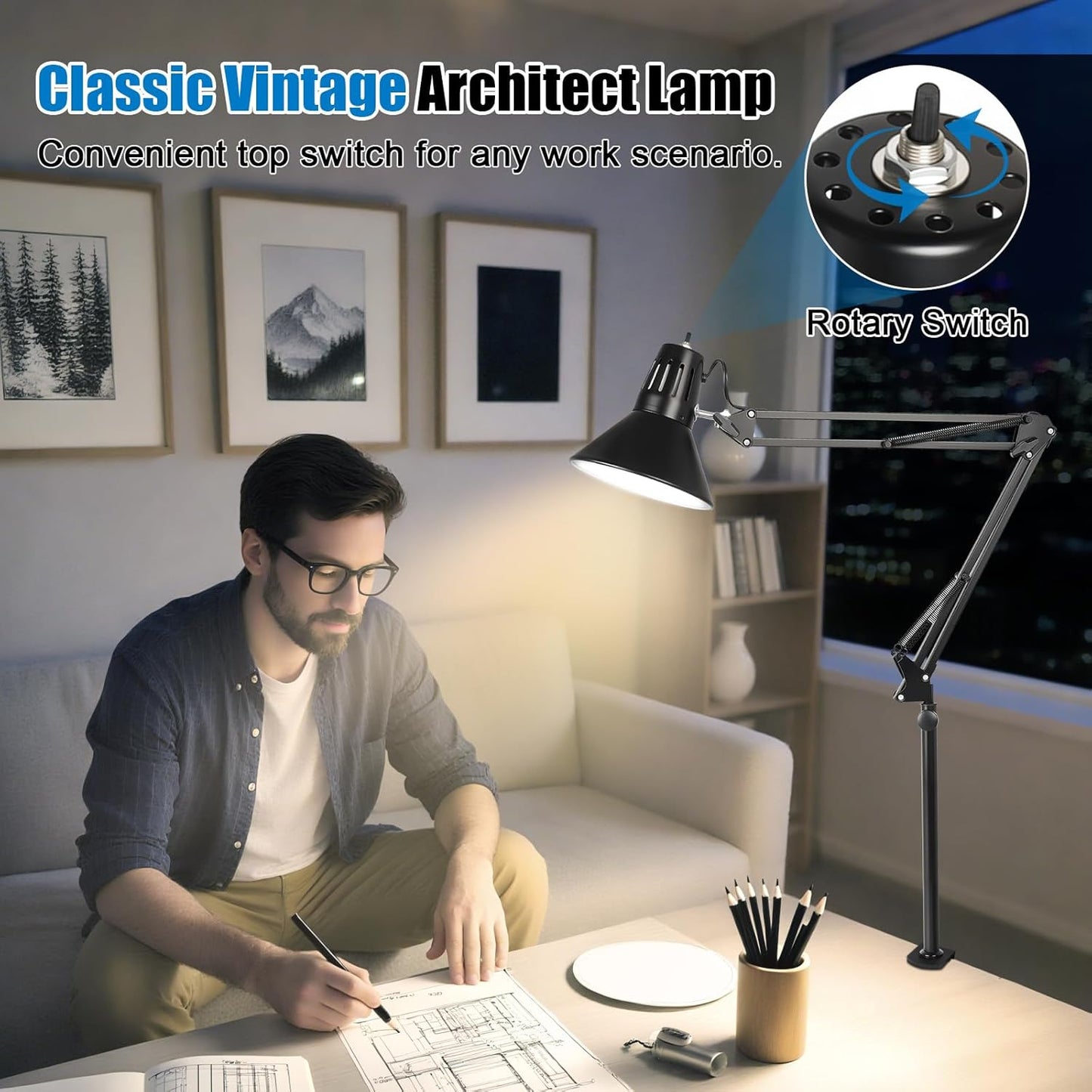 Skiennix LED Desk Lamp - 360° Adjustable Swing Arm | Eye-Caring Clamp Light for Home Office Reading