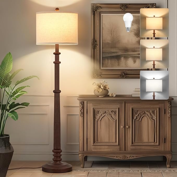 Floor Lamps for Living Room - 60" Resin Farmhouse Floor Lamp with Adjustable Color Temperatures - Vintage Standing Lamp Reading Light with Linen Shade Tall Lamp for Bedroom Office, Reddish Brown
