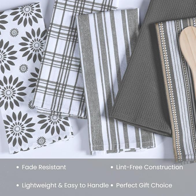 Assorted Kitchen Towels - Grey Kitchen Towels, Set of 5, 16x26 in - Absorbent 100% Cotton Dish Towels with Hanging Loop - Waffle Weave Tea Towels for Drying Dishes, Glassware & Counters