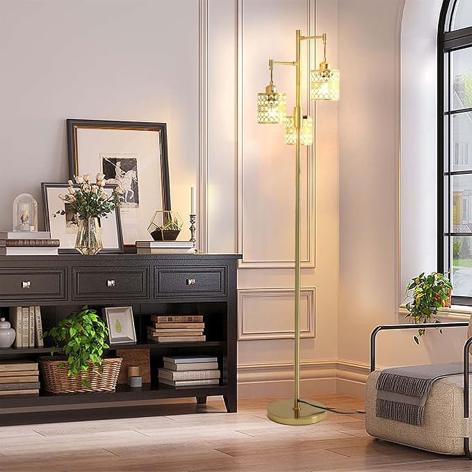 Industrial Floor Lamp,Dimmable Floor Lamp,Gold Tree Lamp Standing Lamp Tall Pole Lamps with 3 Elegant Crystal lampshades for Living Room Bedroom Office, Indoor