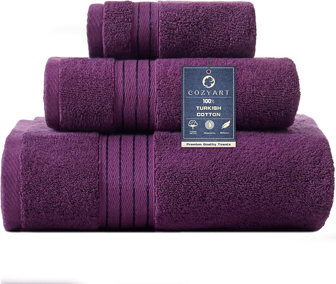 COZYART Luxury Purple Bath Towels Set, Turkish Cotton Hotel Large Towels for Bathroom, Thick Bathroom Set of 3 with 1 Bath Towel, 1 Hand Towel, 1 Washcloth, 650 GSM