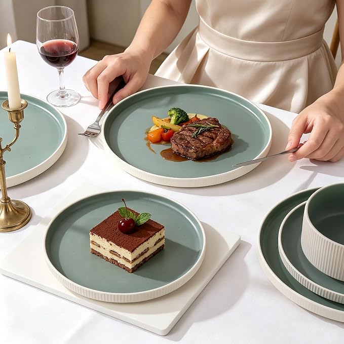 MONITO Ceramic Dinnerware Sets for 4, 12PCS Stoneware Plates and Bowls Sets, Reactive Glaze Dish Set, Chip and Scratch Resistant Double, Microwave and Dishwasher Safe, White Cyan