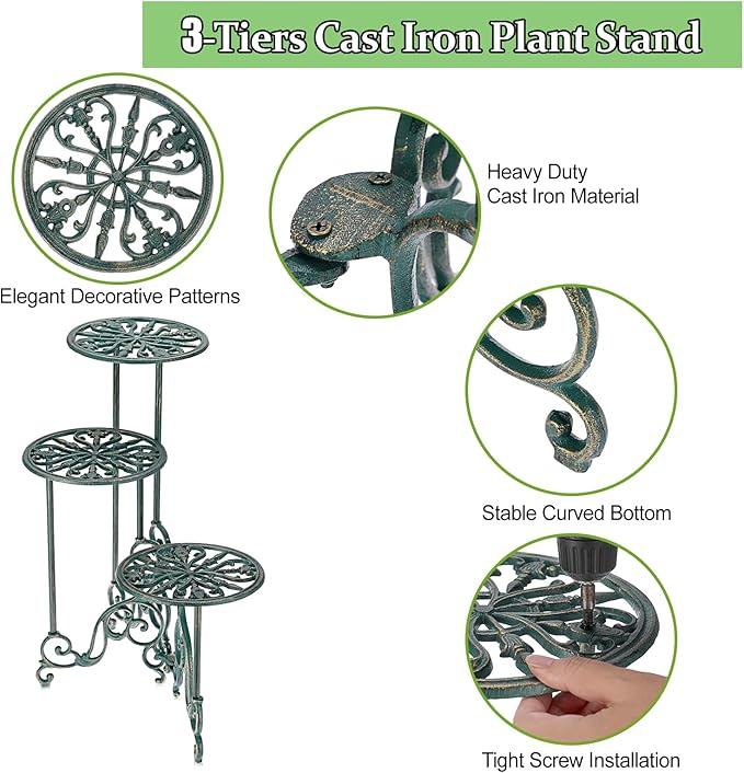 OwnMy 3 Tier Heavy Duty Cast Iron Plant Stand Foldable Wrought Iron Flower Pot Holder, Indoor Outdoor Tall Plant Stand Shelf for Garden Patio, Decorative Round Metal Plant Display Rack, Antique Green