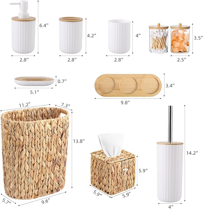Bathroom Accessory Set, 10 Pieces Bath Set- Wicker Trash Can Tissue Box Soap Dish Toothbrush Holder Rinse Cup Lotion Bottle Toilet Brush Qtip Holder - Practical Bathroom Decor Sets (White, Bath Set)