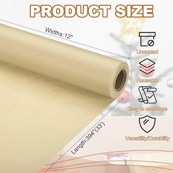 PATIKIL Wrapping Paper, 12" x 394"(33') 70 GSM Craft Paper Roll Kraft Packing Paper for Poster Bulletin Board, Gift Wrapping, Brown