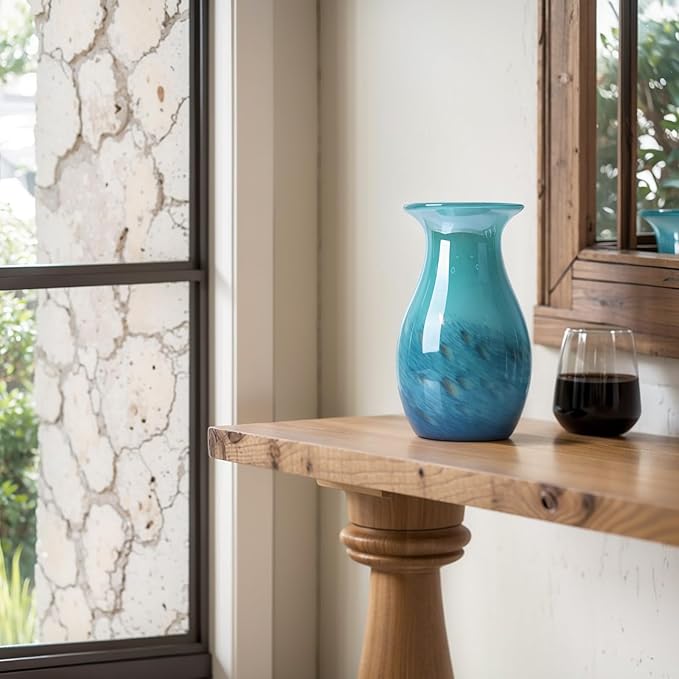 11.4" Tall Teal Glass Vase for Flowers, Hand Blown Gradient Decorative Vase for Home Decor, Centerpiece, Dining Table, Shelf, Mantel, Bathroom, Entryway, Countertop, Gift for Friends