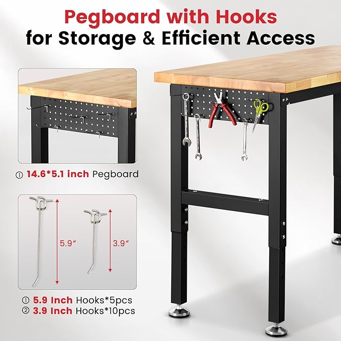 Workbench for Garage 48 Inch Work Bench Table Adjustable Height Rubberwood Tabletop Work Table with Power Outlets for Woodworking Shop Home Office Electronic Cutting Wood