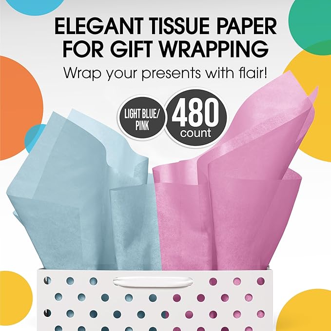 Party Solids Pink & Blue Tissue Paper for Gift Bags - 15" X 20" Bulk Tissue Paper Pink & Blue 480 Sheets - 10lb Newsprint for Packing, Birthday Gift Box Filler, Packing Supplies for Moving Supplies