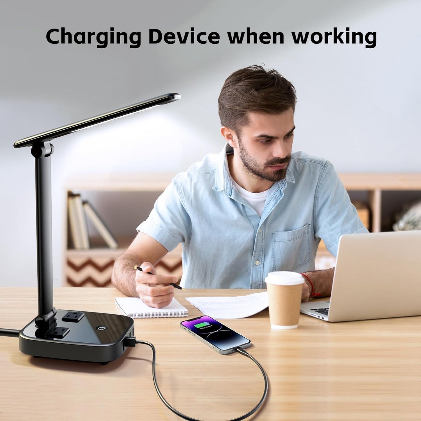 Yostyle LED Desk Lamp - 4 USB Charging Ports & 2 AC Outlets | 3-Level Brightness, Touch Control