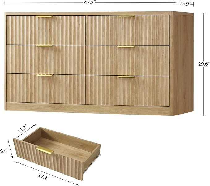 TEENFON Fluted 6 Drawer Dresser for Bedroom, Wide Modern Chest of Drawers with Metal Handle, Curved Profile Design, Wood Closet Clothes Storage Organizer for Bedroom, Living Room, Hallway, Natural