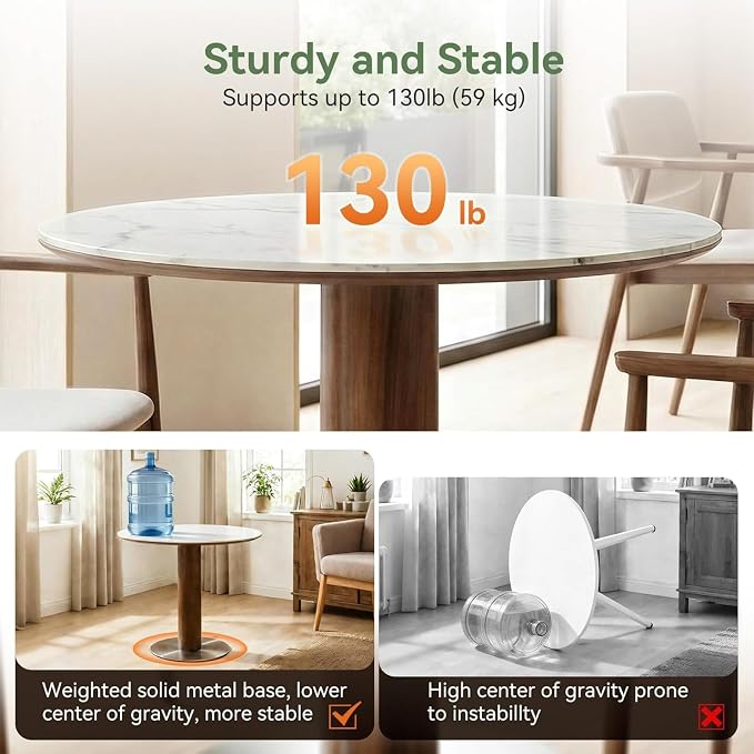Round Dining Table, 31.5" Solid Wood Dinner Table with Thickened Top & Steel Pedestal, Mid Century Modern Bistro Table for Kitchen, Small Space, Living Room, Cafe, White & Walnut -Style A