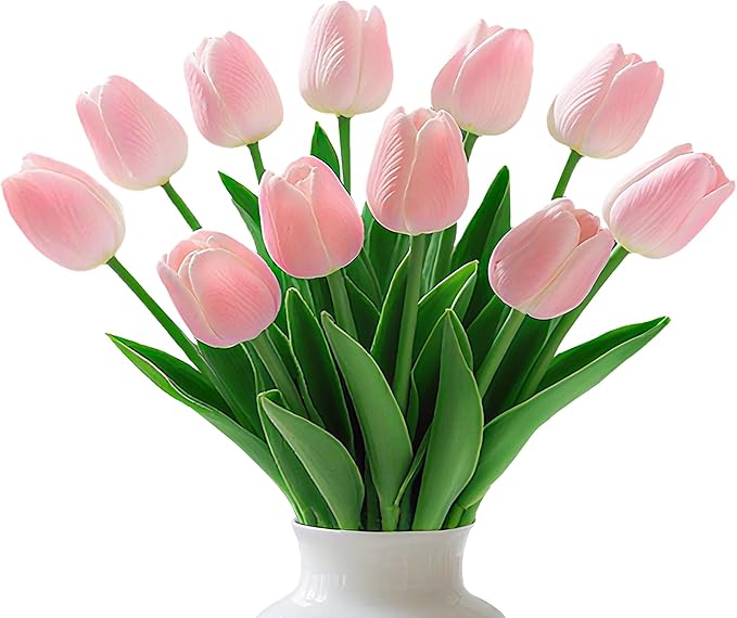 20 Pcs Tulips Artificial Flowers 13" Pink Faux Flowers Real Touch PU Fake Tulips Bouquet for Floral Arrangement Home Kitchen Table Wedding Decorations
