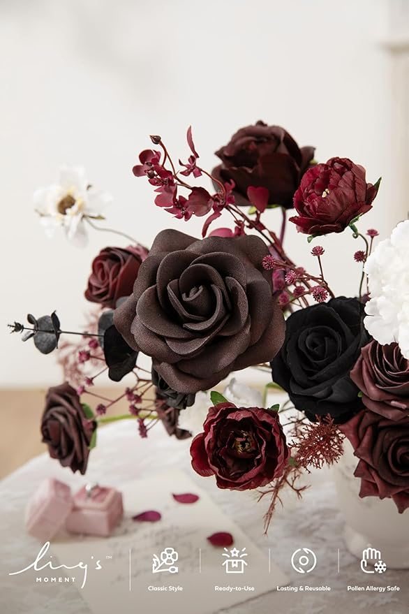 Ling's moment Fake Flowers Box, Faux Artificial Greenery Stems Foam Roses Peonies Silk Eucalyptus Leaves Fabic Flower for Centerpieces Bouquet Wedding Vase Decorations, Burgundy & Black, Deluxe Combo